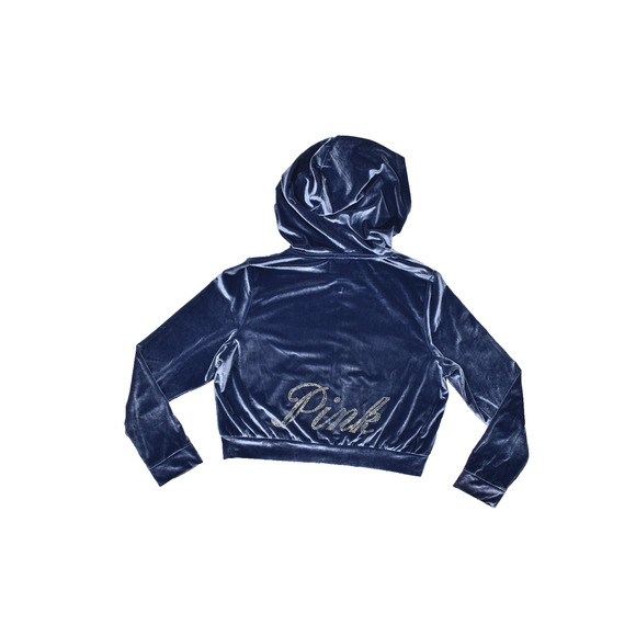 NEW Victoria's Secret PINK Velour Cropped Zip Up Hoodie Navy Blue Rhinestone L - Picture 2 of 8